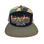 Queensbridge Kings camo five-panel hat with black Queensbridge Kings logo patch and olive brim